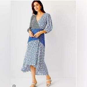 Ann Taylor Women's Dress Blue Floral Wrap Flare Boho 3/4 Sleeve Midi Maxi  Sz XL